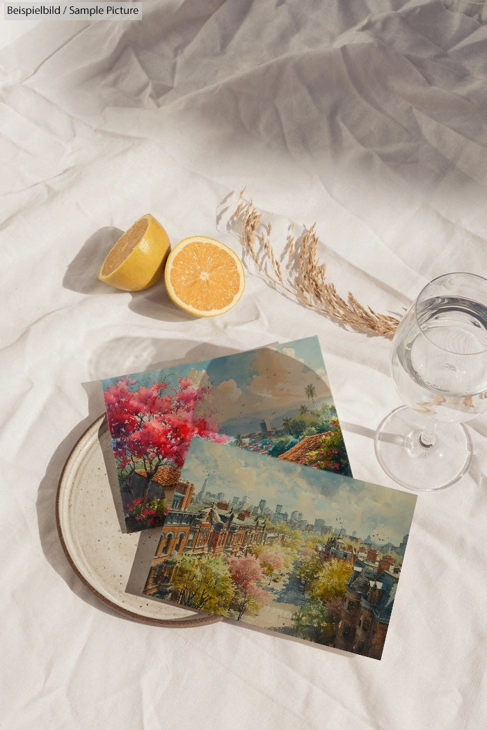 Table with sliced lemons, two scenic postcards, and a glass of water on a white cloth surface.