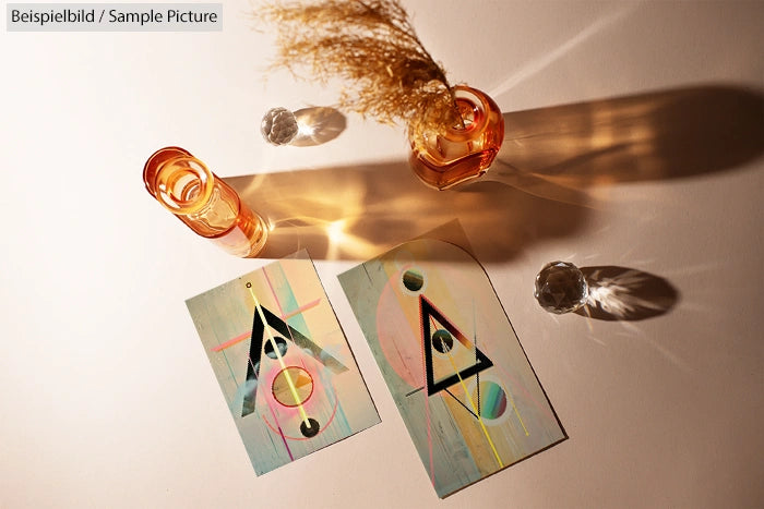 Two abstract geometric artworks on a table with sunlight, next to an amber glass and decorative dried plant.