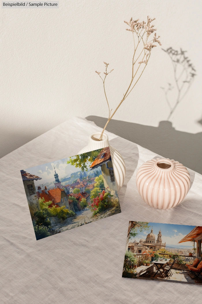 Tabletop with countryside painting, white vases, and sunlight casting shadows.
