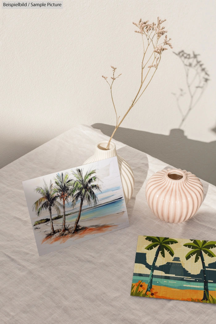 Still life with vases and beach-themed postcards on a white tablecloth in natural light.