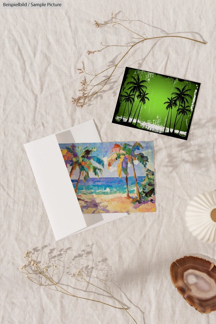 Greeting card with colorful tropical beach painting, placed on fabric with a green palm tree postcard and dried plants.