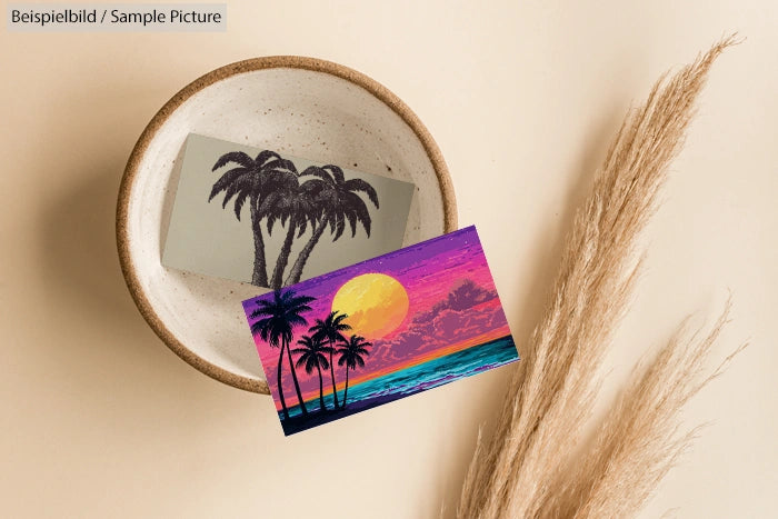 Colorful sunset painting with palm trees in a ceramic bowl, accompanied by dried pampas grass on a light background.