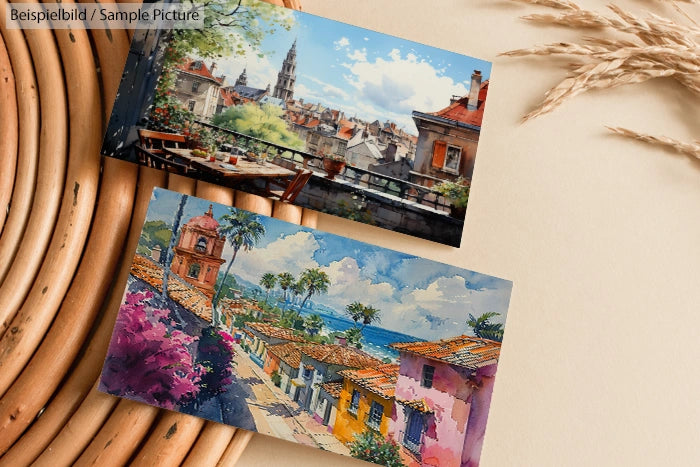 Two vibrant cityscape paintings, one with a church steeple, and another featuring colorful houses with tropical scenery.