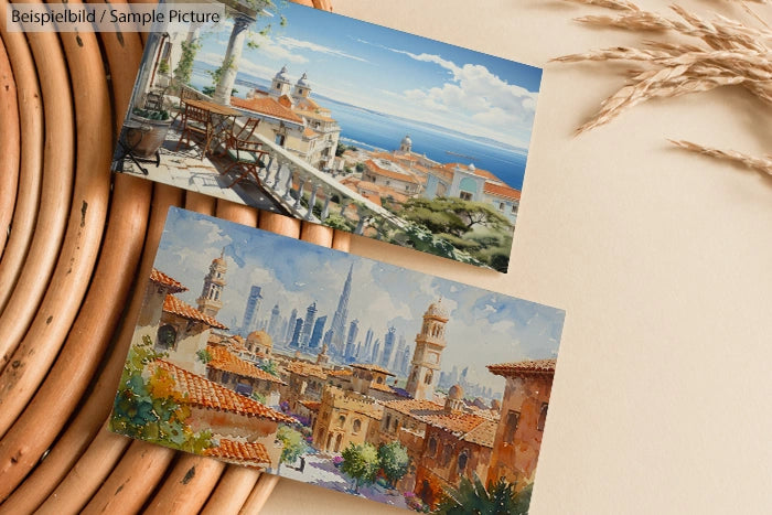 Two paintings of Mediterranean views with coastal architecture and city skyline, placed on a wooden surface with wheat stems.