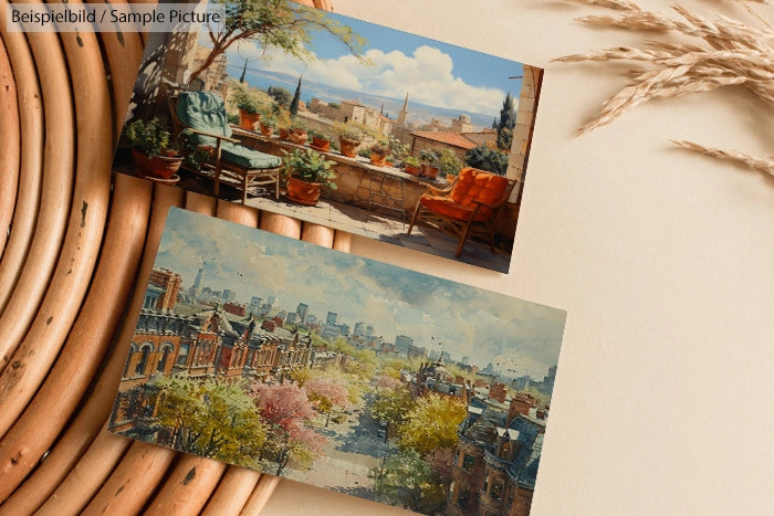 Two art postcards on a wooden surface; one shows a scenic balcony, the other a cityscape with vibrant buildings.