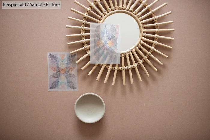 Artistic mirror with woven frame, symmetrical abstract designs, and small bowl on pink background.