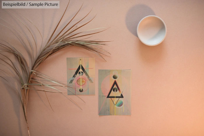 Geometric art prints on beige surface with dried plant and round ceramic cup.