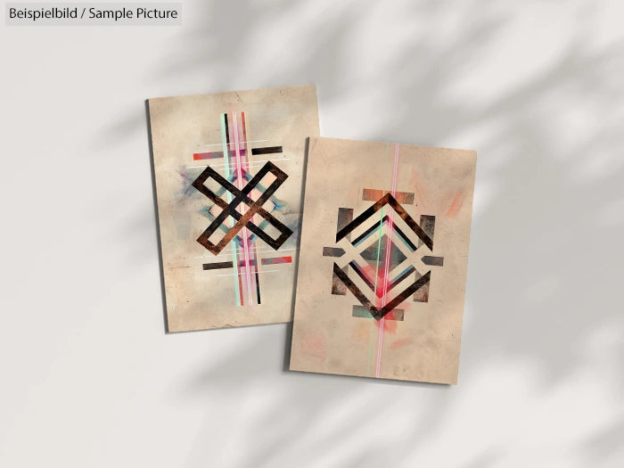 Two abstract artworks with geometric patterns on a beige background, featuring intersecting lines and shapes.