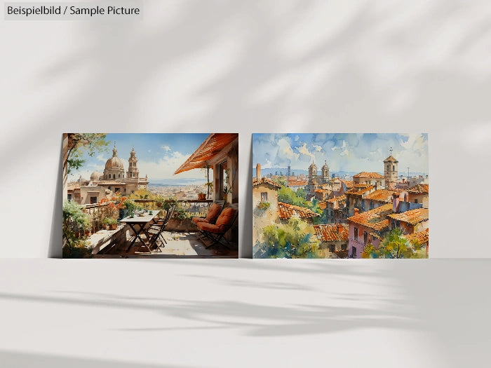 Two landscape paintings depicting vibrant cityscapes with domes and rooftops under a sunny sky.