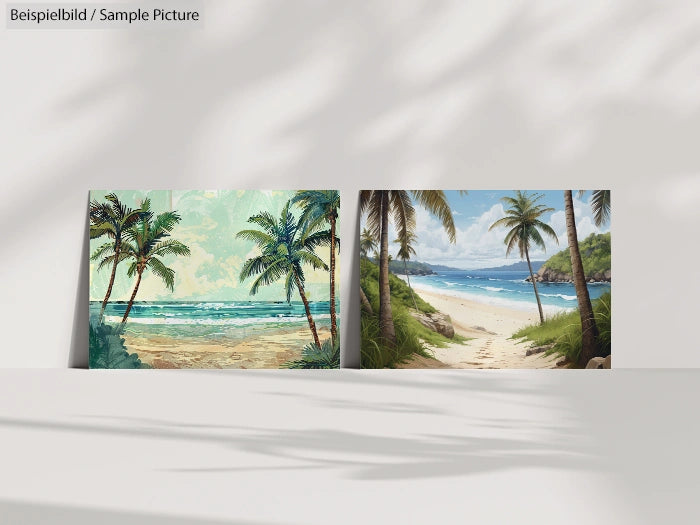Two tropical beach paintings with palm trees and sandy shores, displayed on a white surface.