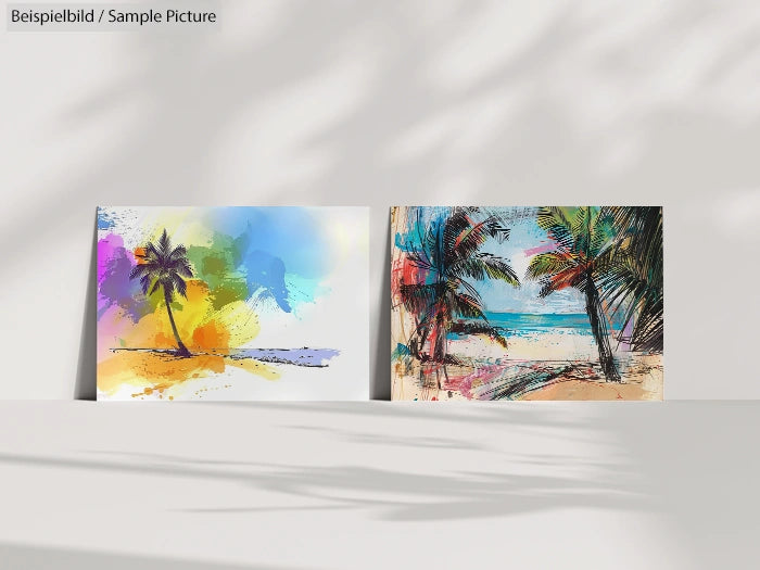 Two colorful palm tree paintings displayed against a light background with shadows.