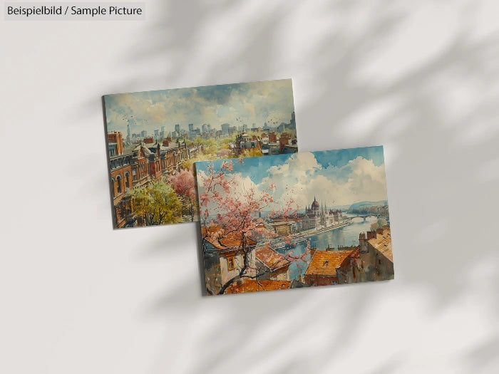 Two landscape paintings, one of urban rooftops with city skyline, another of river and bridge with spring blossoms.