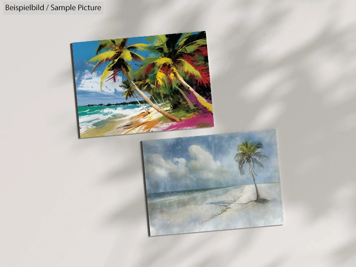 Two tropical beach paintings with palm trees, one vibrant and colorful, the other calm and muted, casting shadows.