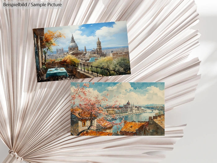Two landscape paintings on a textured background: a cityscape with terrace and a riverside view with bridges.