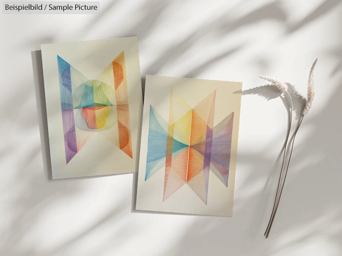Two abstract geometric art prints with rainbow colors, placed on a textured surface with gentle shadow patterns.