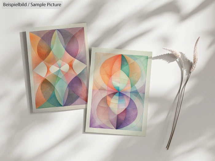 Two geometric abstract art prints with colorful shapes, placed on a sunlit surface with decorative grass stalks.