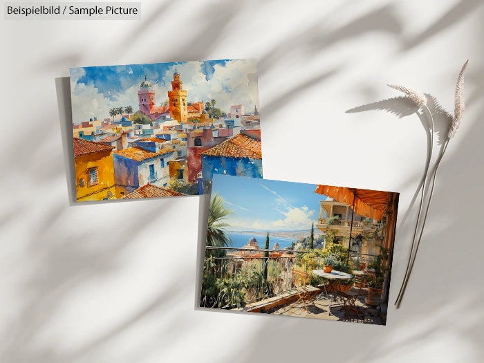 Two watercolor postcards on a white surface, depicting vibrant Mediterranean cityscapes with colorful buildings.