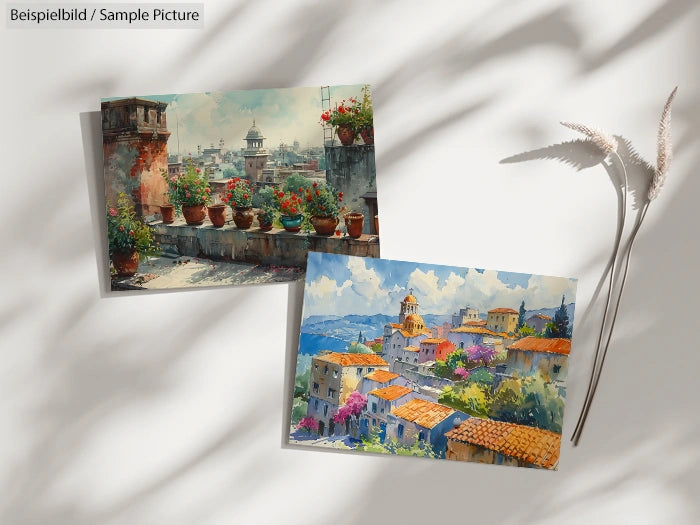Two vibrant watercolor paintings of European cityscapes on a sunlit surface with a decorative white plant.