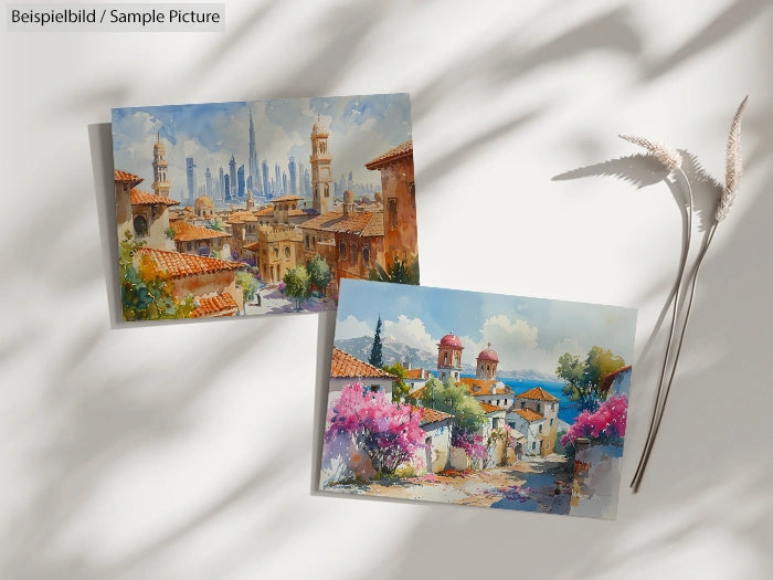 Two colorful landscape paintings of Mediterranean towns with towers, rooftops, and blooming flowers, under soft lighting.