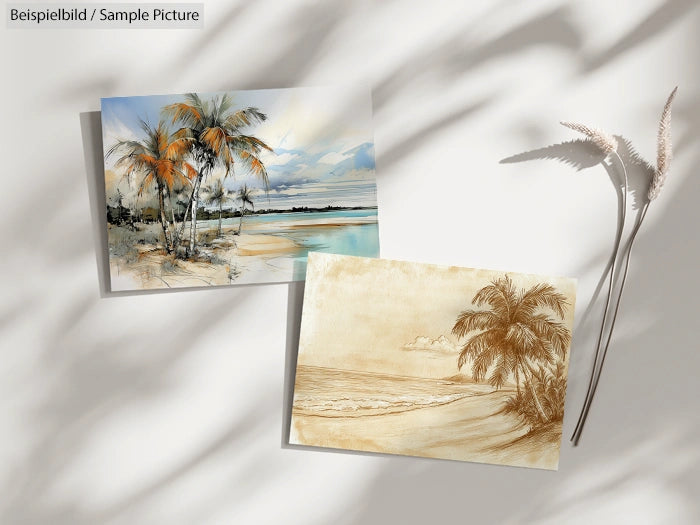 Two beach-themed artworks with palm trees, ocean, and sand; one in color and one in sepia tone, next to a shadowed surface.