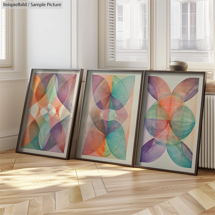 Three framed abstract paintings with colorful overlapping geometric shapes, leaning against a sunlit wall indoors.