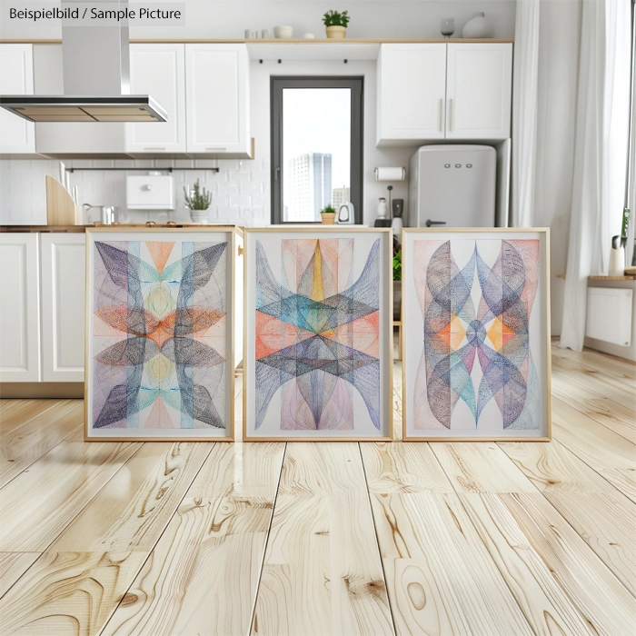 Three geometric abstract paintings in wooden frames on a light wood floor in a modern kitchen setting.