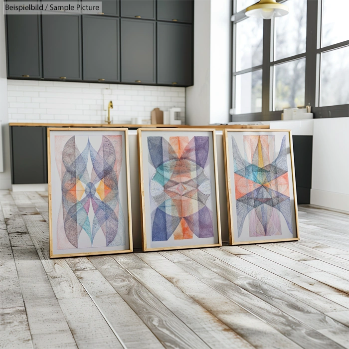 Three abstract geometric paintings in gold frames on wooden floor in modern kitchen with dark cabinets.