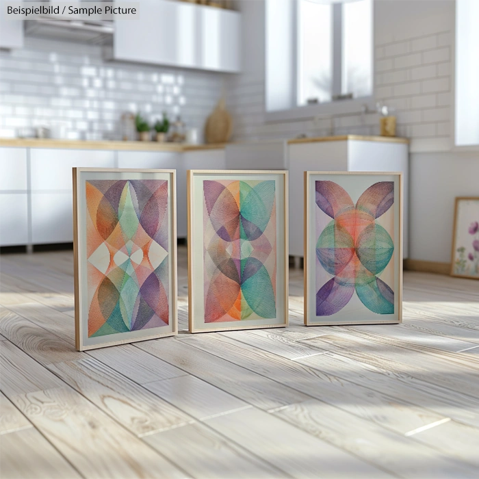 Three colorful geometric abstract paintings displayed on a wooden floor in a modern kitchen setting.