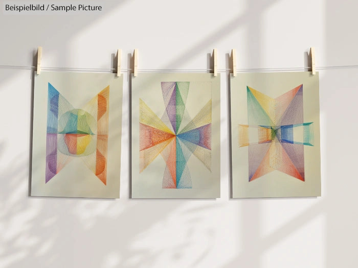 Three geometric artworks with colorful patterns hanging on a line, casting shadows on a light background.