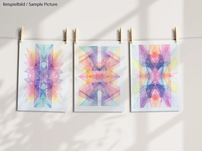 Three geometric abstract art prints in pastel colors hang on a clothesline with clothespins.
