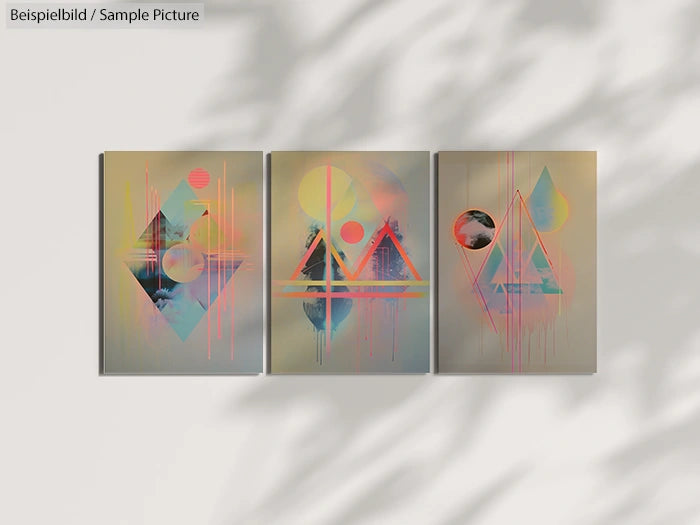 Three abstract geometric paintings with pastel colors and shadowed background.
