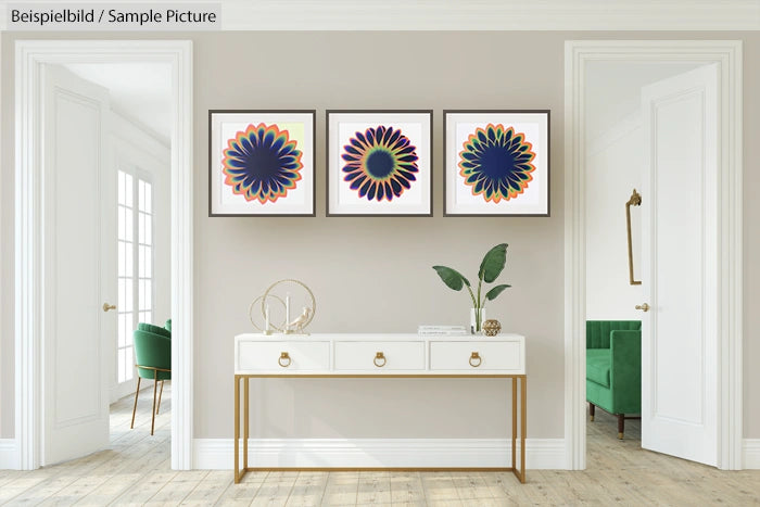 Modern living room with white console table, abstract flower art, and green chair in bright natural light.