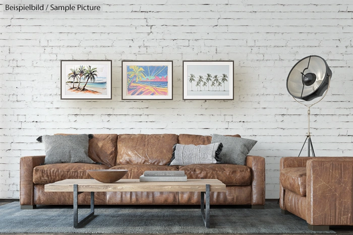 Cozy living room with brown leather sofa, wooden coffee table, and framed beach artworks on a white brick wall.
