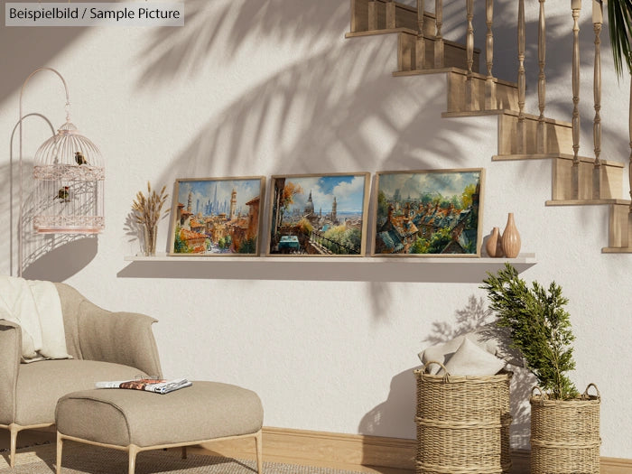 Cozy living room with beige sofa, paintings on shelf, and wicker baskets under wooden staircase.