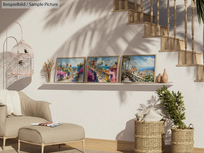 Cozy room with a beige armchair, decorative baskets, a shelf holding three paintings, and a birdcage against a white wall.