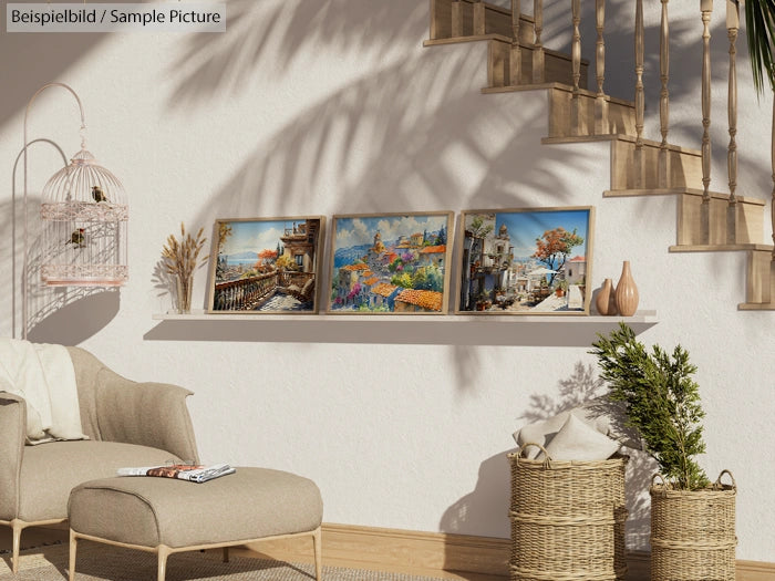 Cozy living room with decorative vases, paintings on a shelf, wicker baskets, and a birdcage beside a comfortable chair.