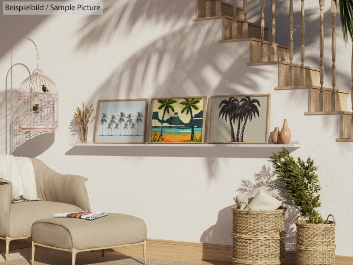 Cozy living room with tropical paintings, beige armchair, wicker baskets, and decorative birdcage under a sunny staircase.