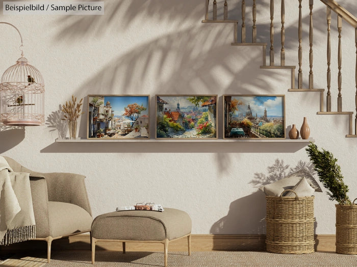 Cozy living room with three landscape paintings on a shelf, wicker basket, and minimalistic furniture.