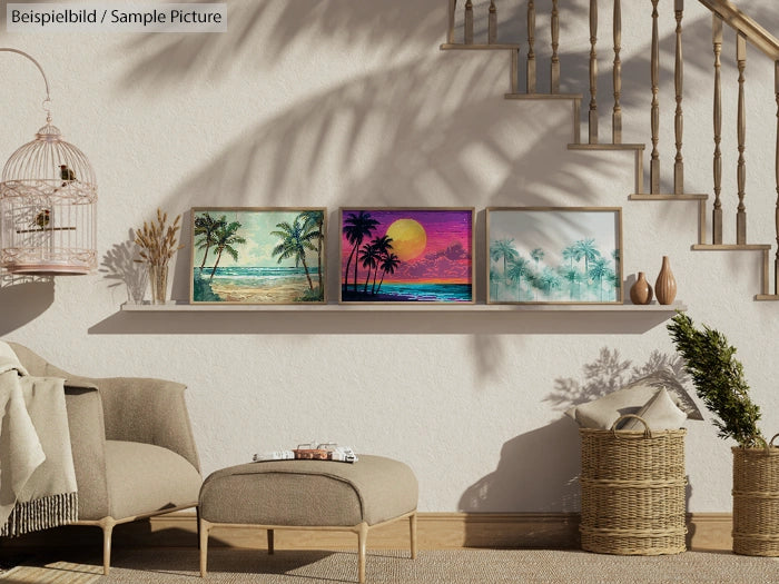 Room with palm-themed paintings on a shelf, wicker basket, armchair, and staircase. Cozy, artistic interior design.