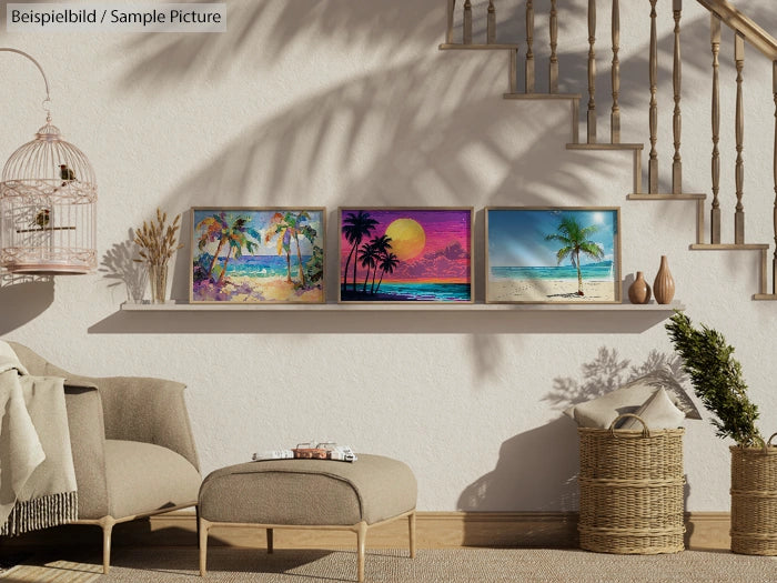 Cozy living room with tropical paintings on wall shelf, a wicker basket, and a birdcage under a wooden staircase.