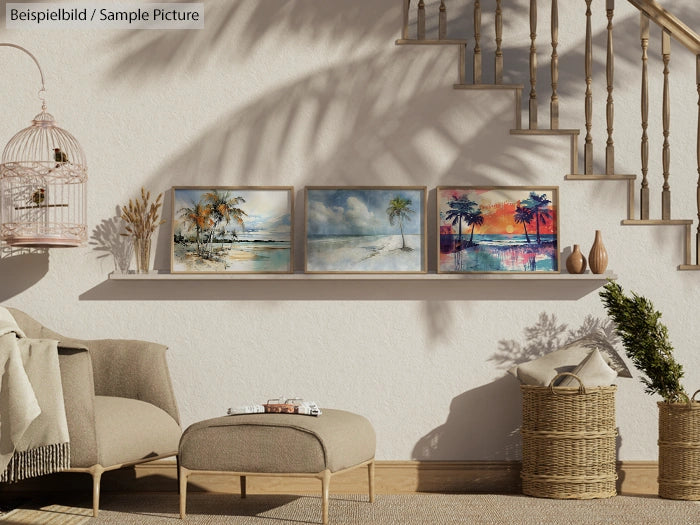 Cozy living room with paintings of tropical beach scenes on a wall shelf, wicker basket, and casual seating.