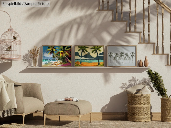 Interior with framed tropical paintings on a shelf, a wicker basket, and a birdcage near a staircase.