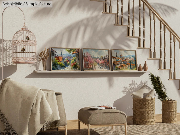 Cozy interior with landscape paintings, birdcage, and wicker baskets under a staircase.