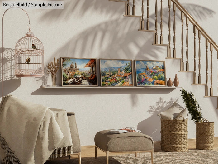 Cozy living room with birdcage, landscape paintings, baskets, and plush seating beneath staircase.