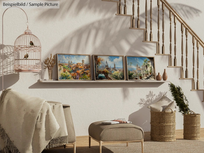 Stylish living room with framed art on shelf, wicker baskets, and a birdcage by a staircase. Bright, cozy decor.