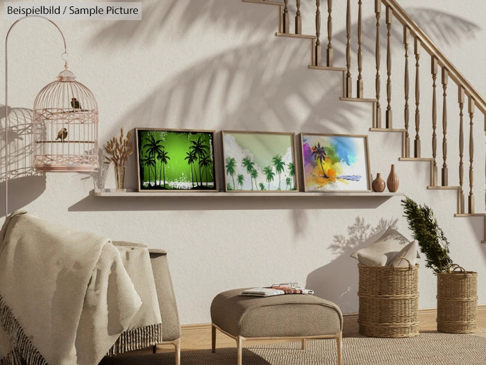 Stylish room with tropical paintings, cane baskets, ottomans, birdcage, and staircase against a neutral wall.