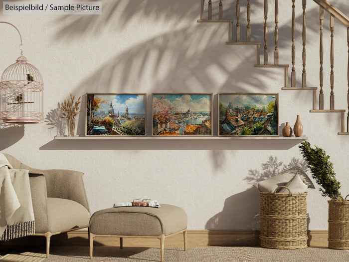 Sunlit room with three framed landscape paintings on a shelf, wicker basket, beige armchair, and a birdcage under stairs.