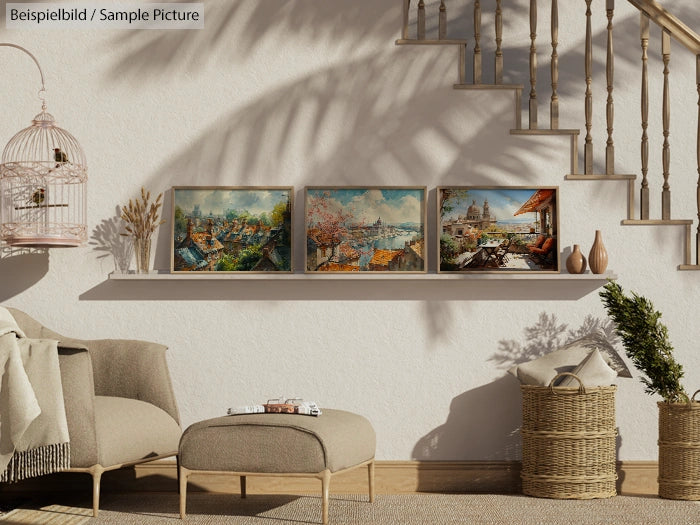 Cozy living room with beige armchair, decorative plants, and wall-mounted shelf displaying three framed landscape paintings.