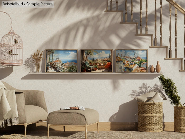 Cozy room with a shelf displaying three landscape paintings and a birdcage. Neutral tones and wicker basket decor.
