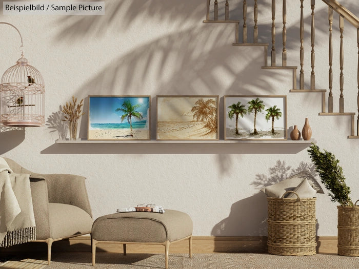 Cozy living room with tropical beach pictures, beige armchair, ottoman, basket, and staircase shadow on the wall.